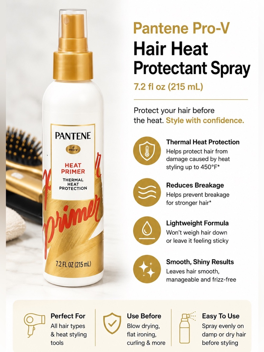 Pantene Pro-V Heat Primer Thermal Protectant Spray — Gold/White